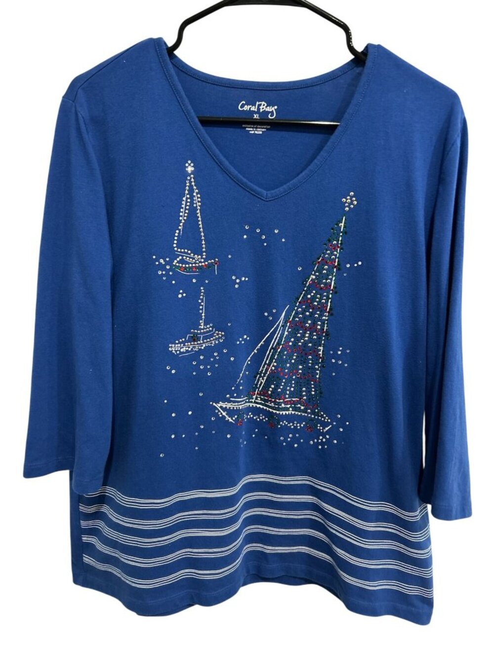 Coral Bay Blue V-Neck 3/4 Sleeve Rhinestone Sailboat Top Size XL Coastal Preppy